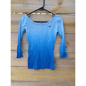 Hollister Blue Ombre Long Sleeve Scoop Neck Top XS Seagull Logo Gradient Dip Dye